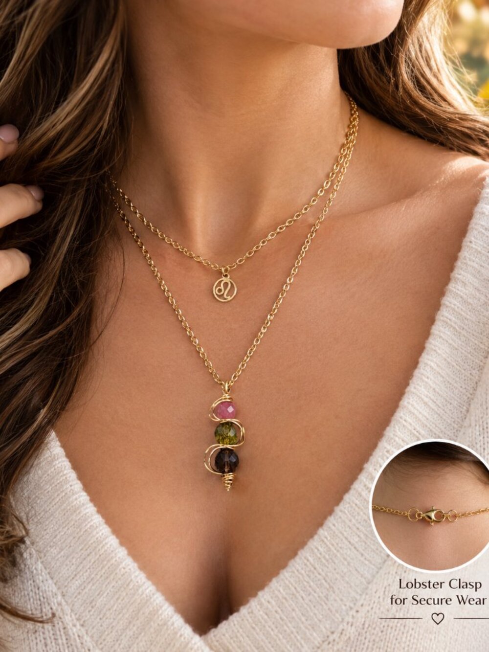 Handmade Two Strand Leo Zodiac Necklace, Tourmaline Peridot Smoky Quartz Gems